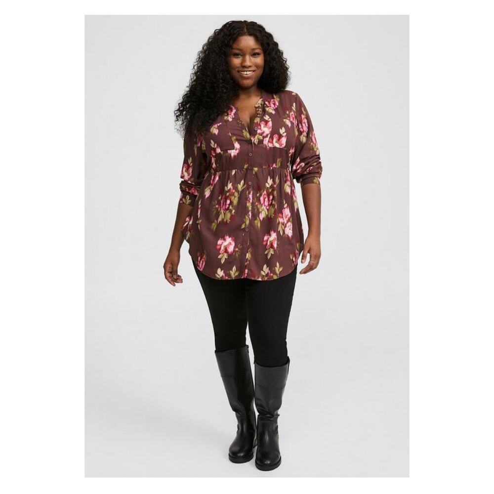 Torrid Brown&Pink Floral Emma Babydoll Tunic Blouse Sz.1